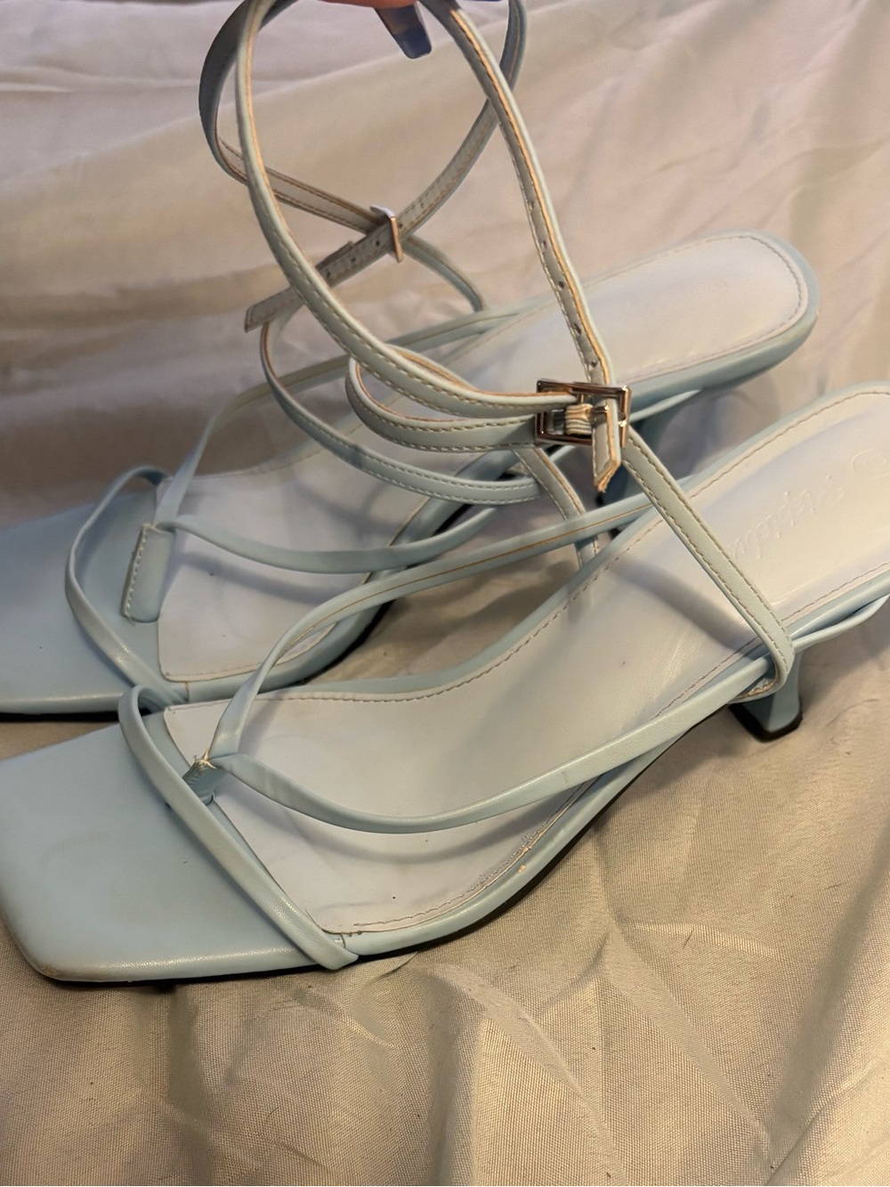 PiePieBuy Women’s Light Blue Ankle And Top Strap Y2K Kitten Heel Square Toe